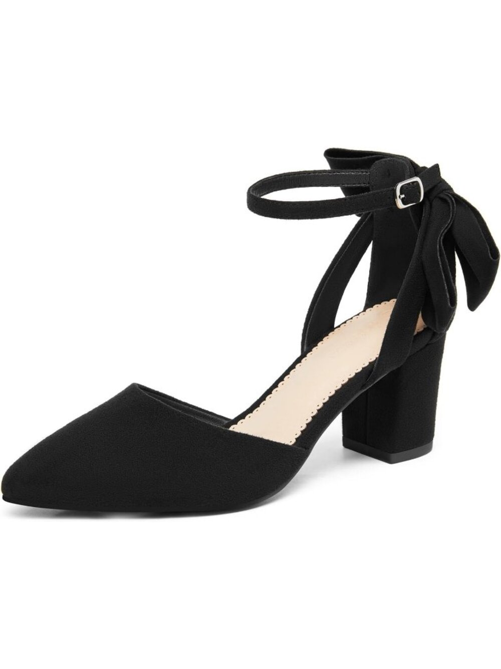 Women's Pure Black Chunky Heels Ankle Strap Pointed Toe Pumps Satin Shoes